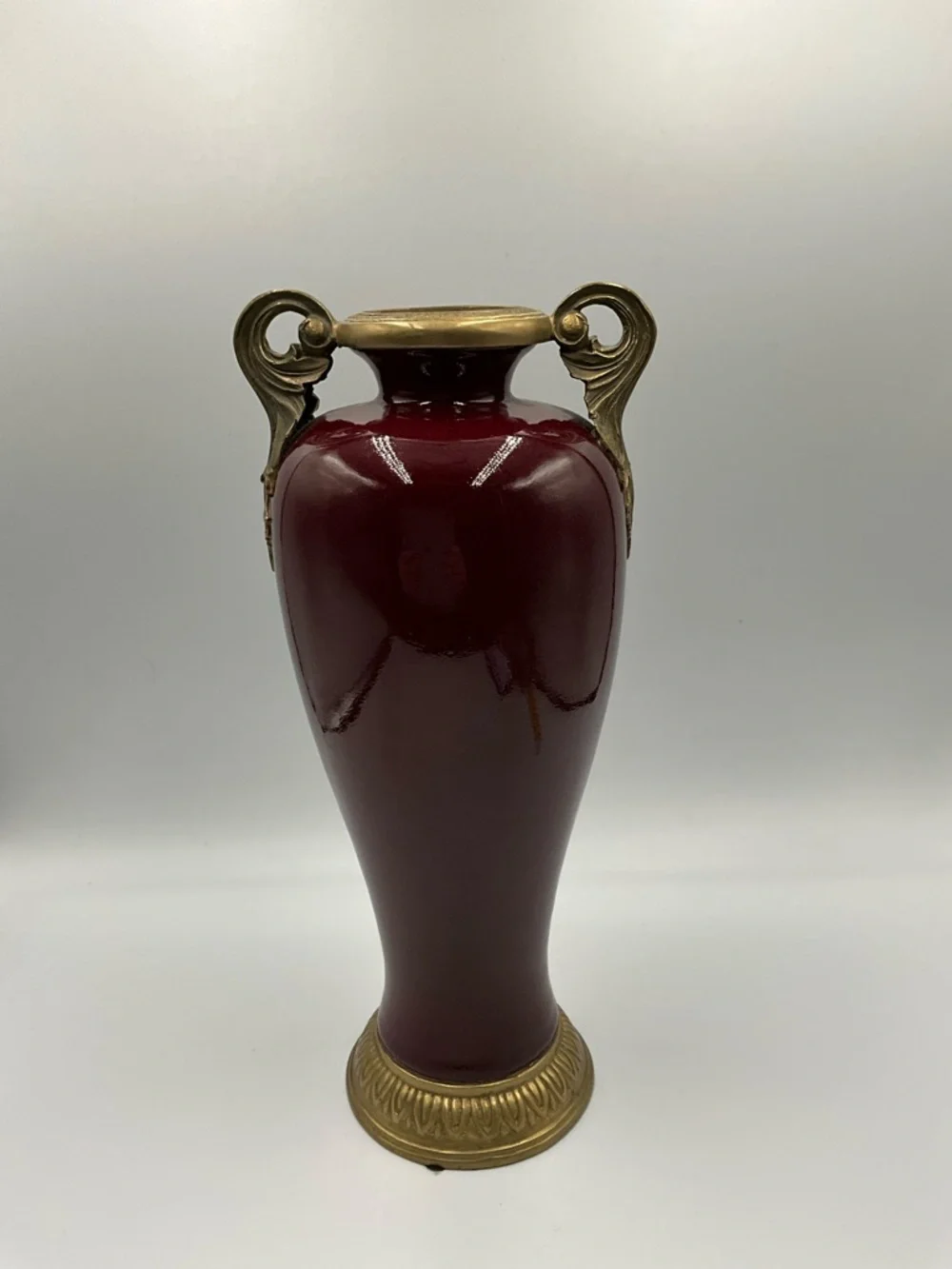 Vintage Porcelain Vase Oxblood Red Glaze Gilt Bronze Mounts Scroll Handles